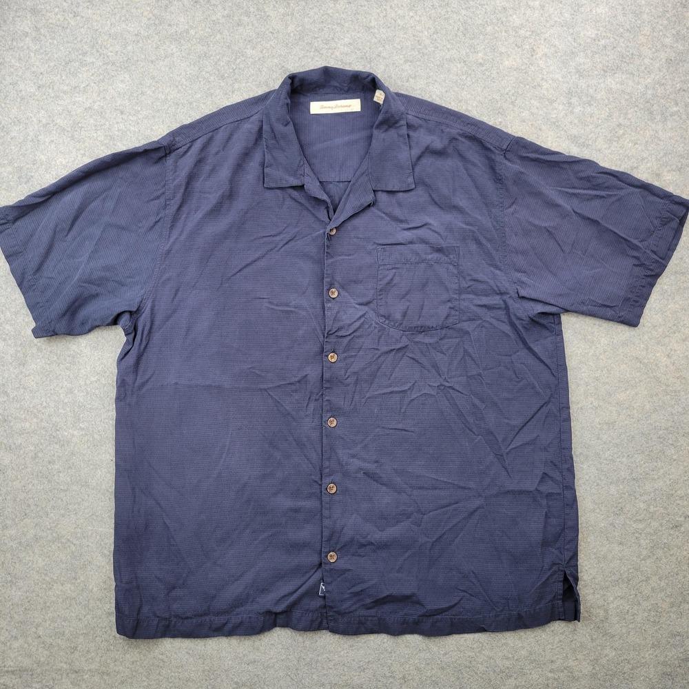 Tommy Bahama Shirt Mens XL Blue Solid Silk Button Front Short Sleeve Casual‎